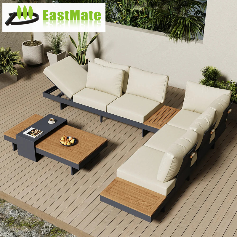 Luxury Outdoor Furniture Aluminum Teak Sofa Set Waterproof Cushions Patio Conversation Set