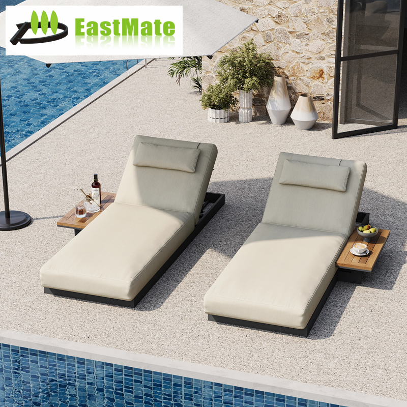 Wood & Aluminum Outdoor Lounger Daybed Patio Furniture in Beige Cushion Set of 2