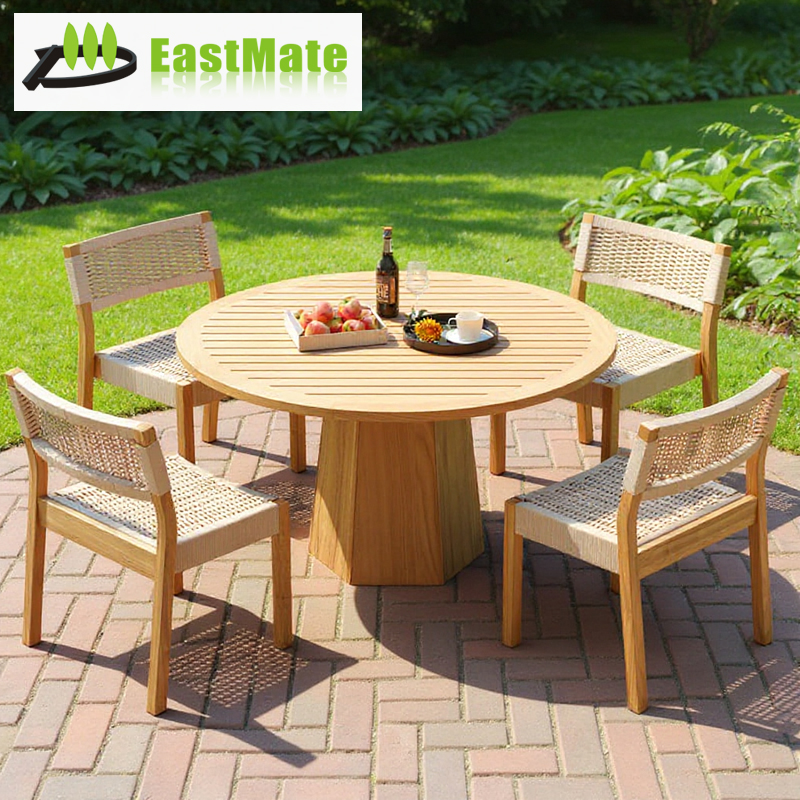 5-pieces Outdoor Natural Teak Round Table & Rope-woven Chair Set