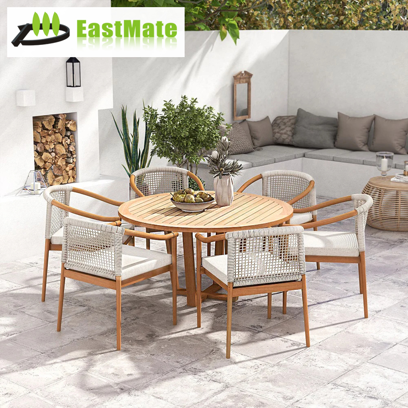 7-Piece Round Teak Outdoor Dining Set with Solid Wood Frame and Armchairs Patio Garden Set