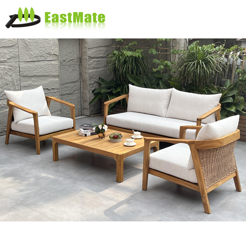 High-End Hotel Outdoor Teak Sofa Chair Set, Teak Single Sofa with Side Table, Outdoor Lounge Area Furniture