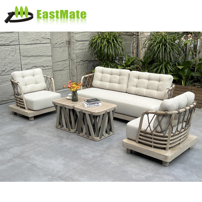 High-End Hotel Outdoor Teak Sofa Chair Set, Teak Single Sofa with Side Table, Outdoor Lounge Area Furniture