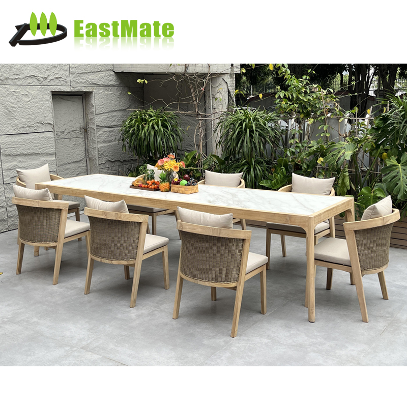 Star Hotel Outdoor Teak Long Dining Table and Chair Set, 2m to 3m Long Table with Dining Chairs, Open Air Banquet Area Furniture