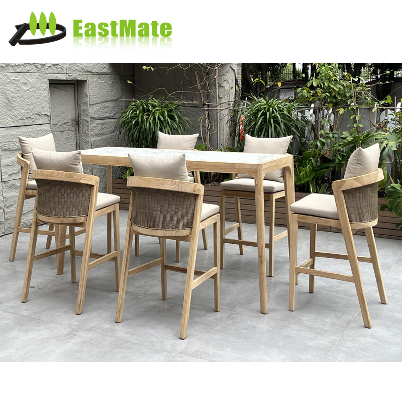 Hotel Outdoor Teak High Top Dining Set, Bar Table with Bar Stools, Poolside Bar Dining Area Furniture