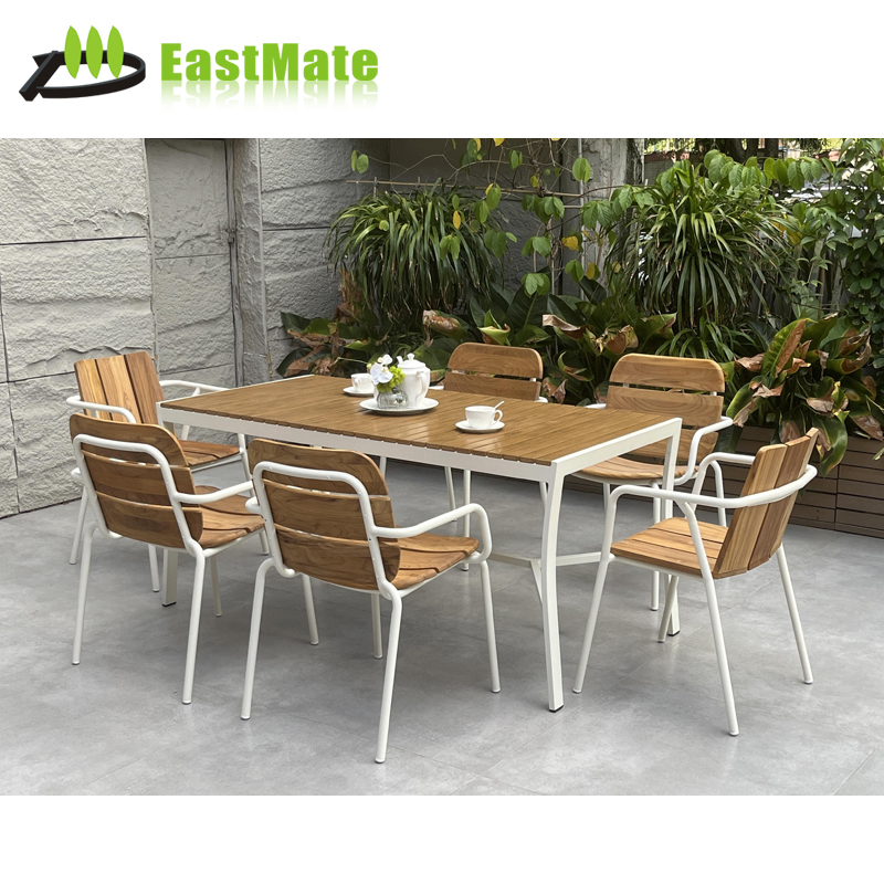 Outdoor Aluminum + Teak Dining Table and Chair Set, Aluminum Frame Teak Top, Waterproof Sunproof Commercial Dining Furniture
