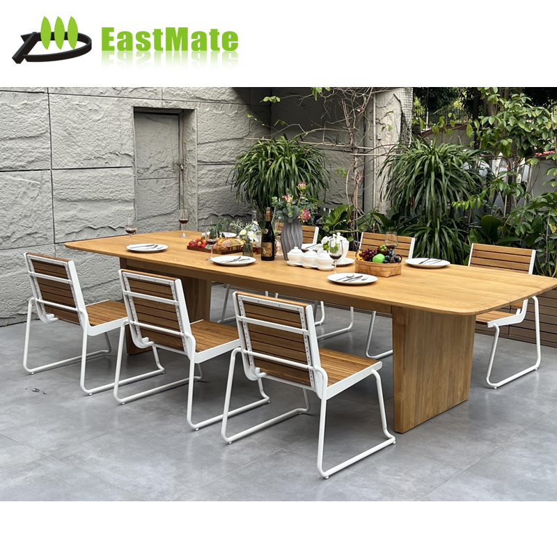 Outdoor Teak 2m Long Dining Table and Chair Set, Aluminum Base Teak Top, with Rattan Dining Chairs, Garden Villa Dining Furniture