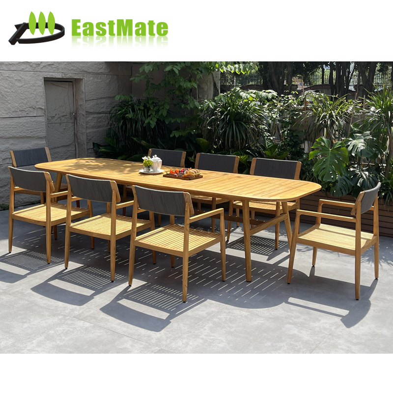 Outdoor Solid Teak Furniture Set, Long Dining Table with Armchairs, Imported Solid Teak Wood, Resort Hotel Open Air Restaurant Set