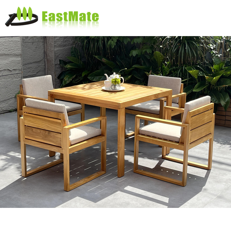 Outdoor Square Four-Seater Dining Set, Solid Teak Wood 1 Table 4 Chairs, Resort Hotel Balcony Dining Furniture