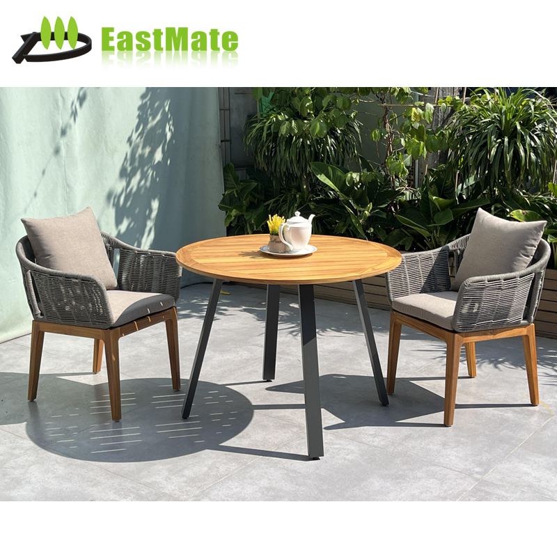 Hotel Outdoor Teak Aluminum 2-Seater Dining Set, Teak Veneer Aluminum Table, with 2 Aluminum Frame Rattan Dining Chairs, Commercial