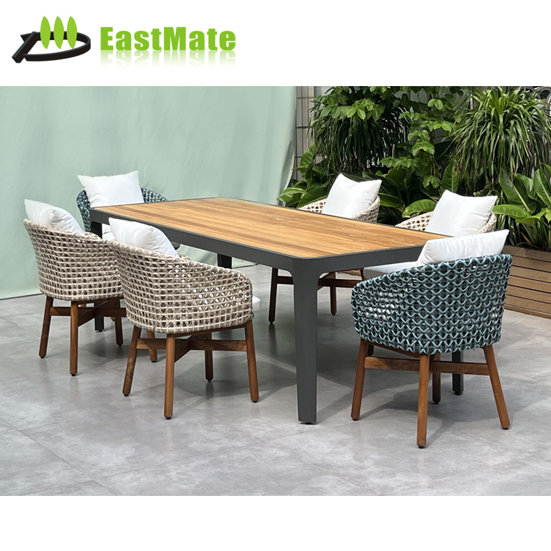 Resort Hotel Outdoor Teak Aluminum Rattan Dining Set, Rectangular Teak Top, Aluminum Legs, with Rattan Armchairs
