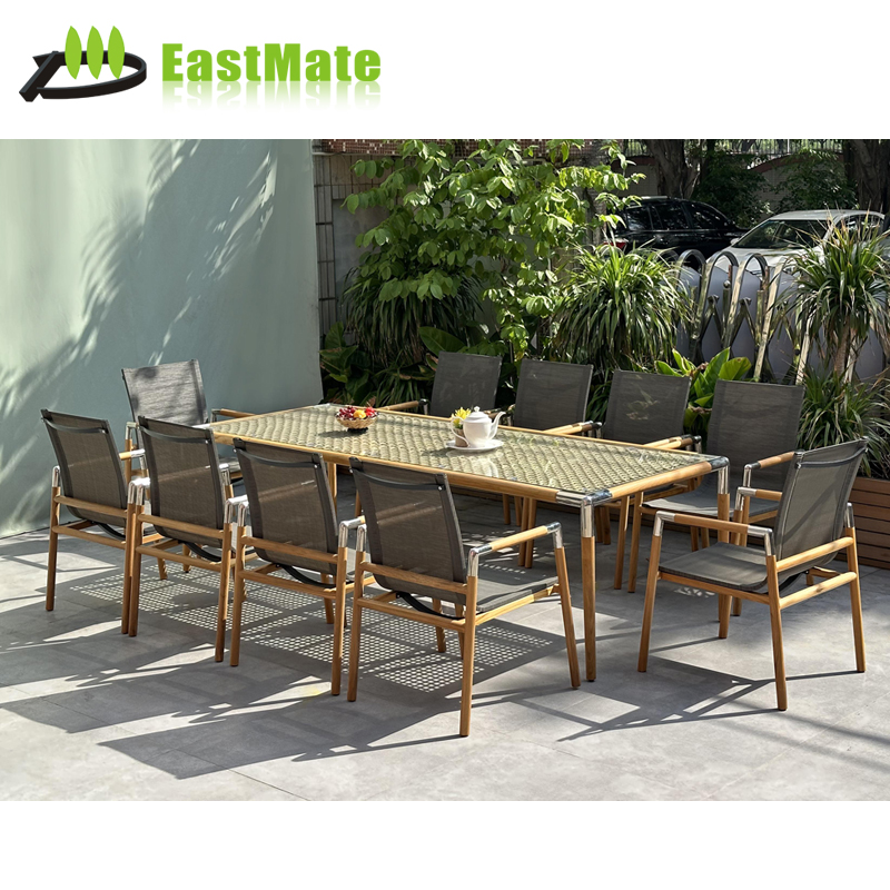 Teak Aluminum Rattan Outdoor 10-Seater Dining Set, 3m Long Table Teak Top, Aluminum Frame, with 10 Rattan Dining Chairs, Hotel Banquet
