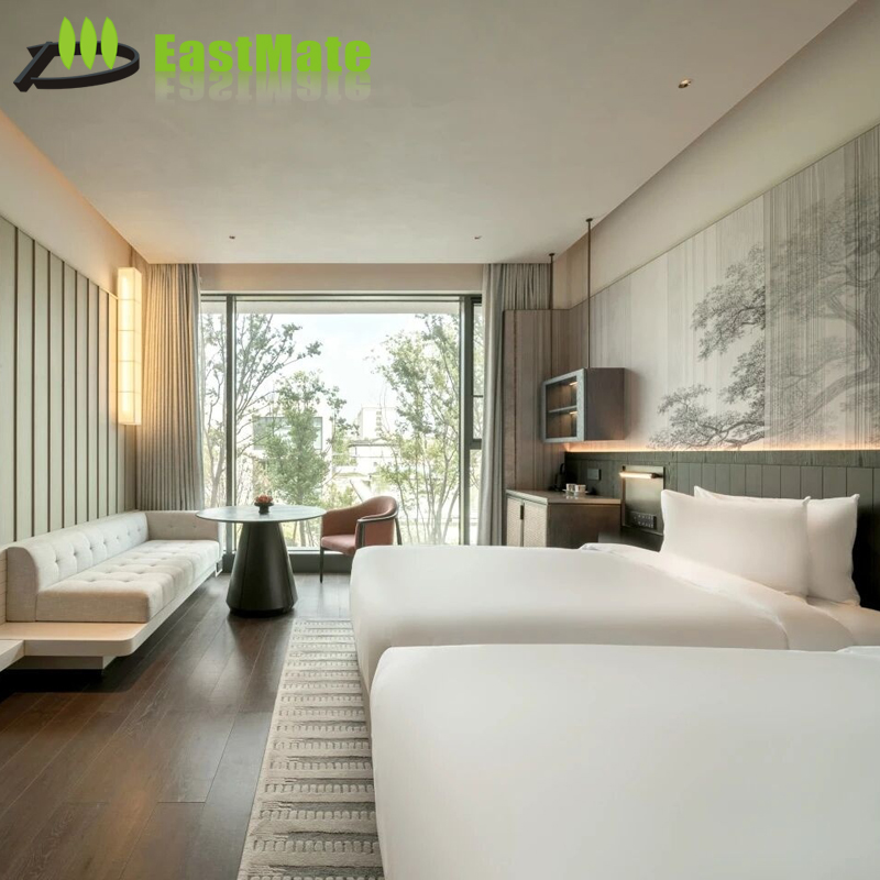 Hotel Guest Room Furniture Twin Room Package, Two Single Beds with Nightstands, Desk Chair Wardrobe, Star Hotel Standard Guest Room Furniture
